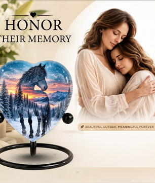Heart Shaped Horse Urn for Ashes, Winter Mountain Sunset Cremation Urn