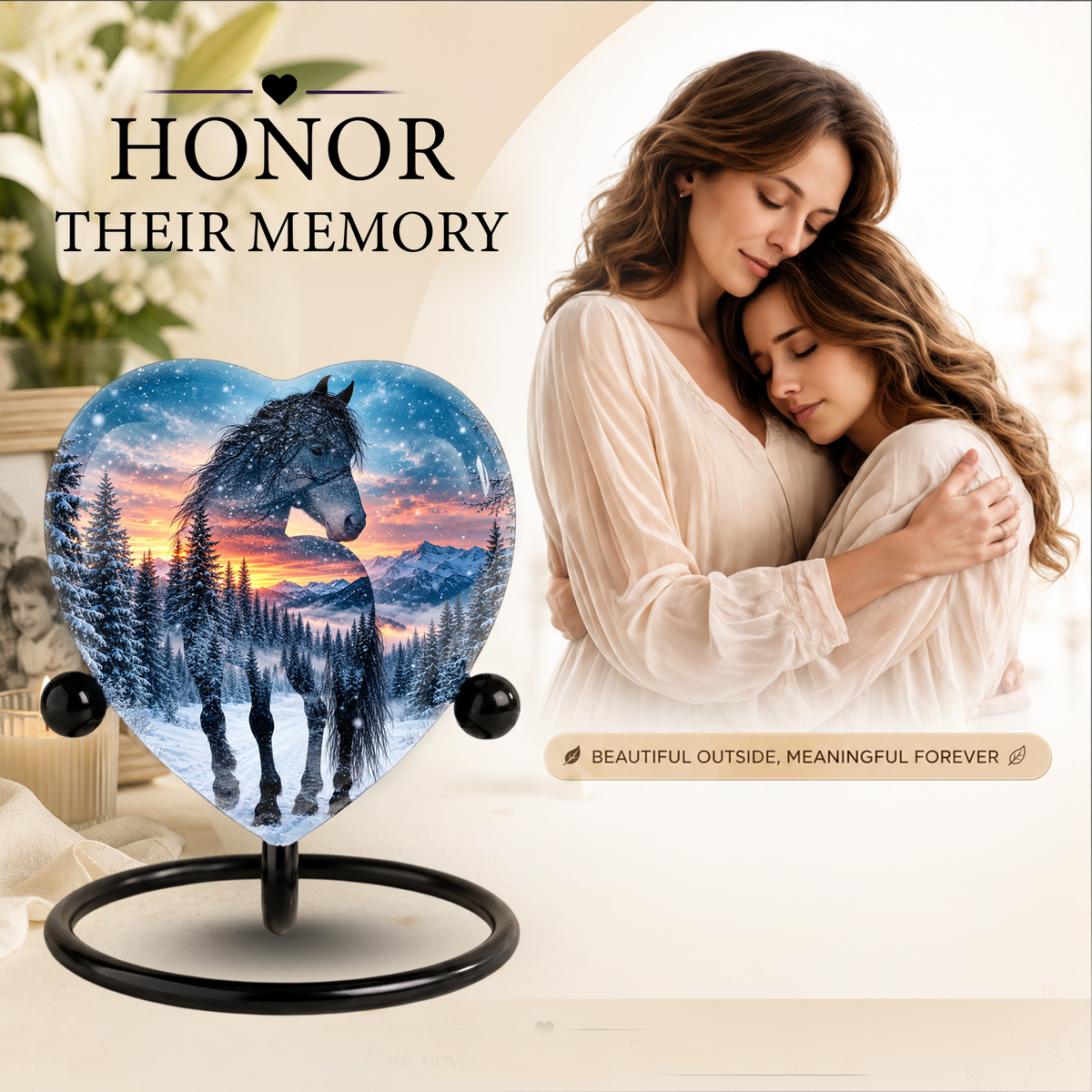 Heart Shaped Horse Urn for Ashes, Winter Mountain Sunset Cremation Urn