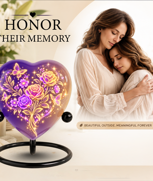 Purple Rose Butterfly Adult Cremation Urn for Ashes, Personalized Floral Adult Urn, Heart Memorial Urn, Rose & Butterfly Cremation Urn