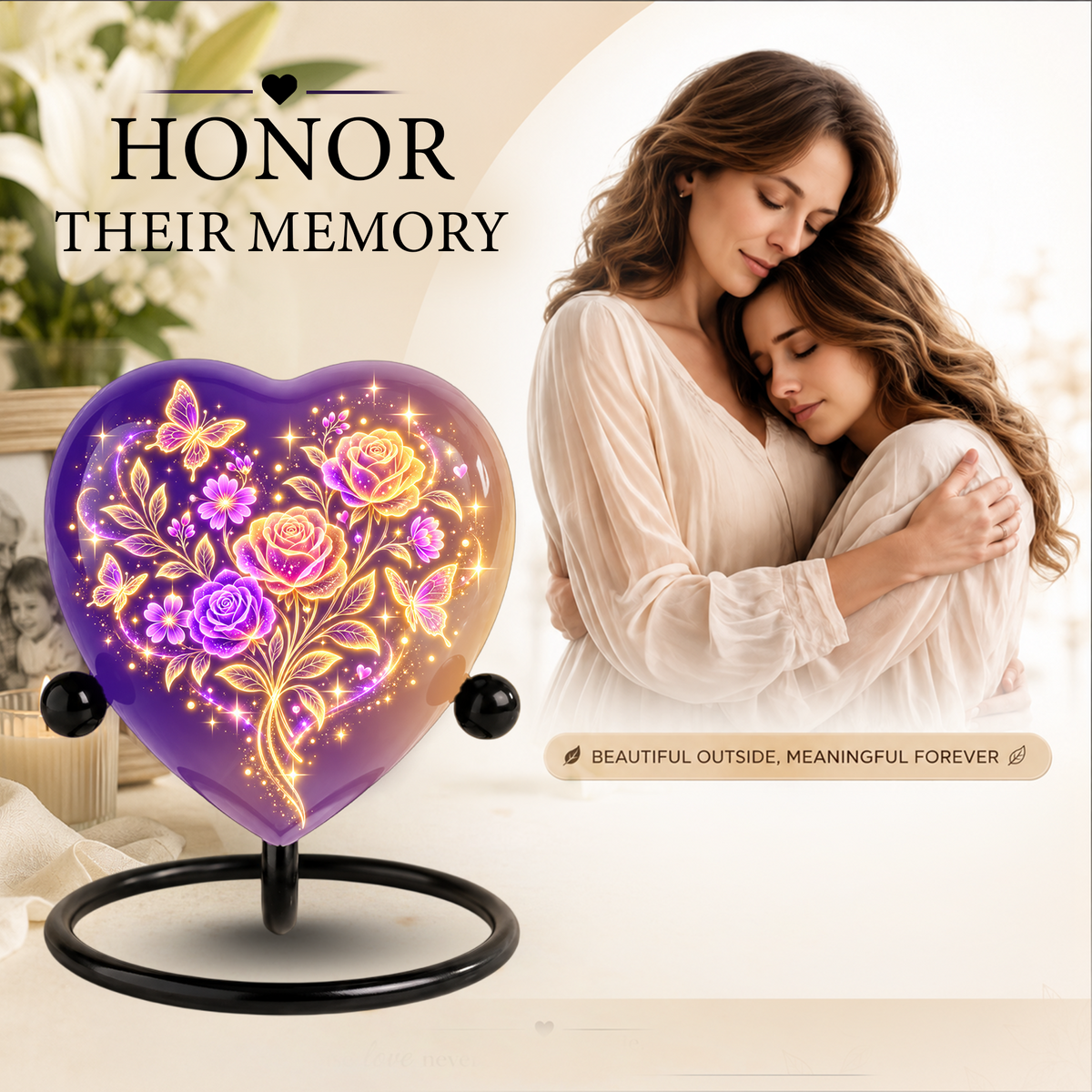 Purple Rose Butterfly Adult Cremation Urn for Ashes, Personalized Floral Adult Urn, Heart Memorial Urn, Rose & Butterfly Cremation Urn