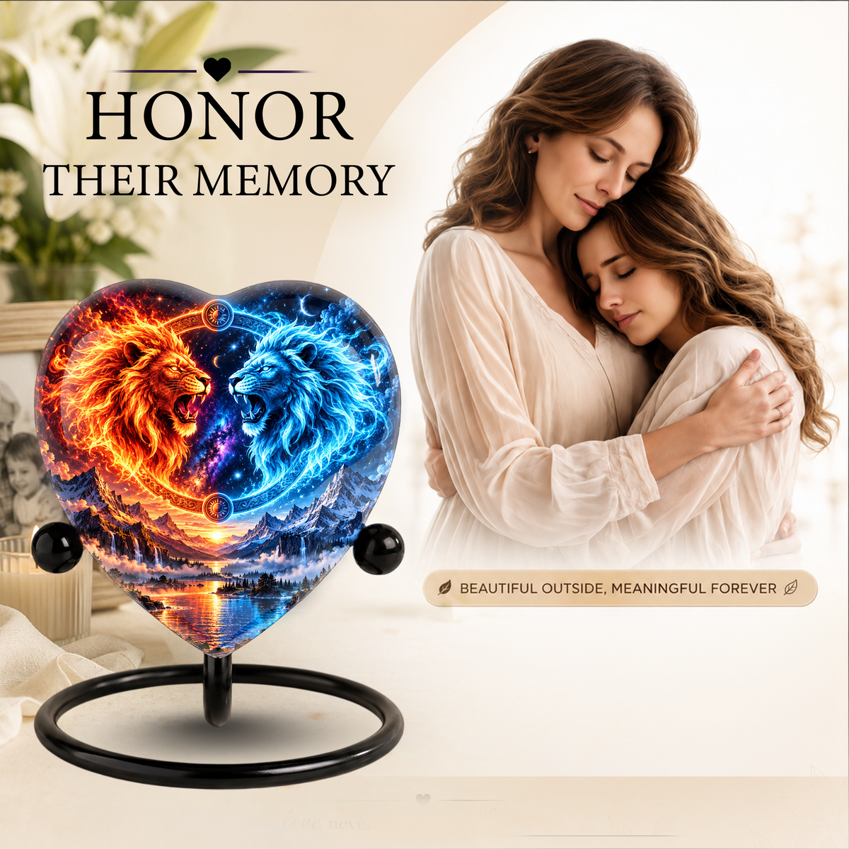Lion Adult Urn for Ashes, Red and Blue Twin Lion Memorial Urn, Adult Cremation Urn