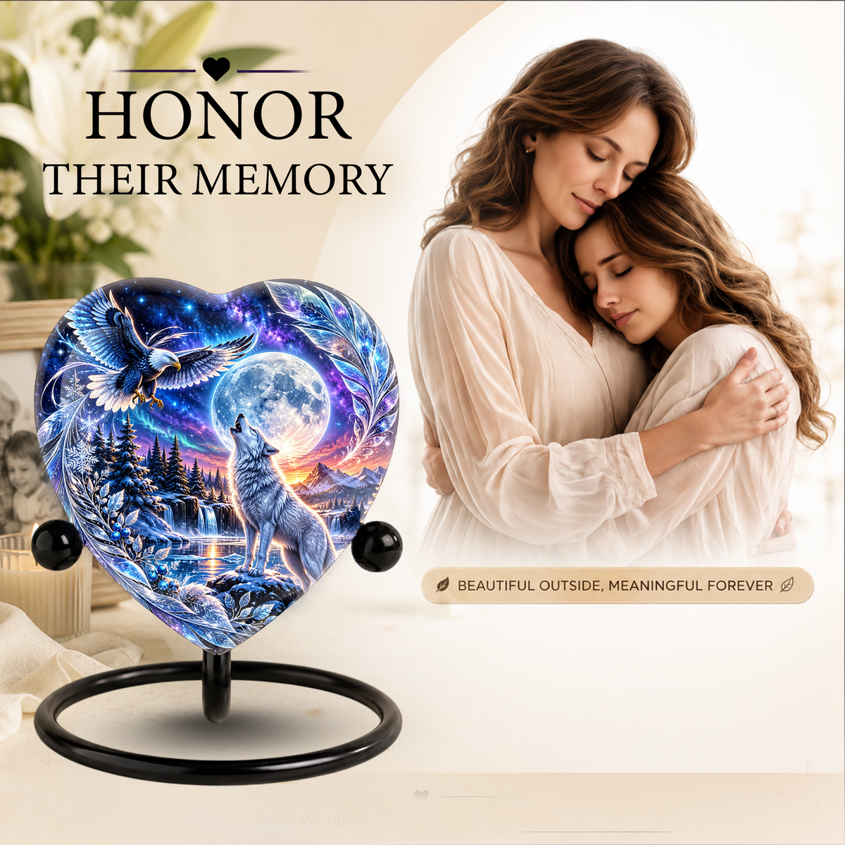 Eagle & Wolf Memorial Urn, Personalized Adult Urn, Large Urn for Human Ashes, Unique Cremation Urn