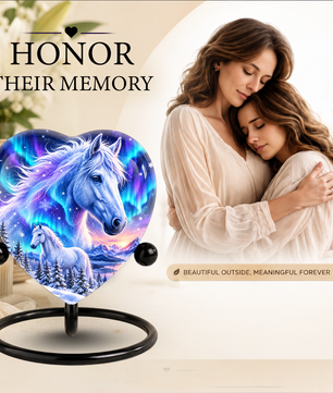 Heart Shaped White Horse Urn for Ashes, Aurora Borealis Horse Cremation Urn, Winter Wonderland Equine Memorial Urn