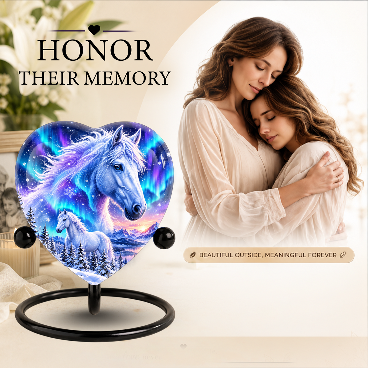 Heart Shaped White Horse Urn for Ashes, Aurora Borealis Horse Cremation Urn, Winter Wonderland Equine Memorial Urn