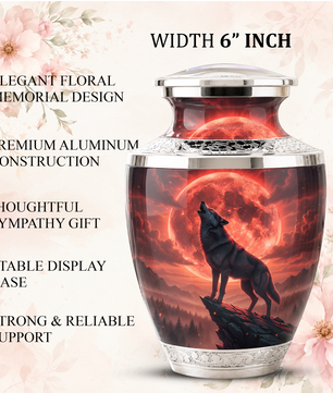 Howling Wolf Cremation Urn for Men, Red Moon Custom Memorial Urn for Father