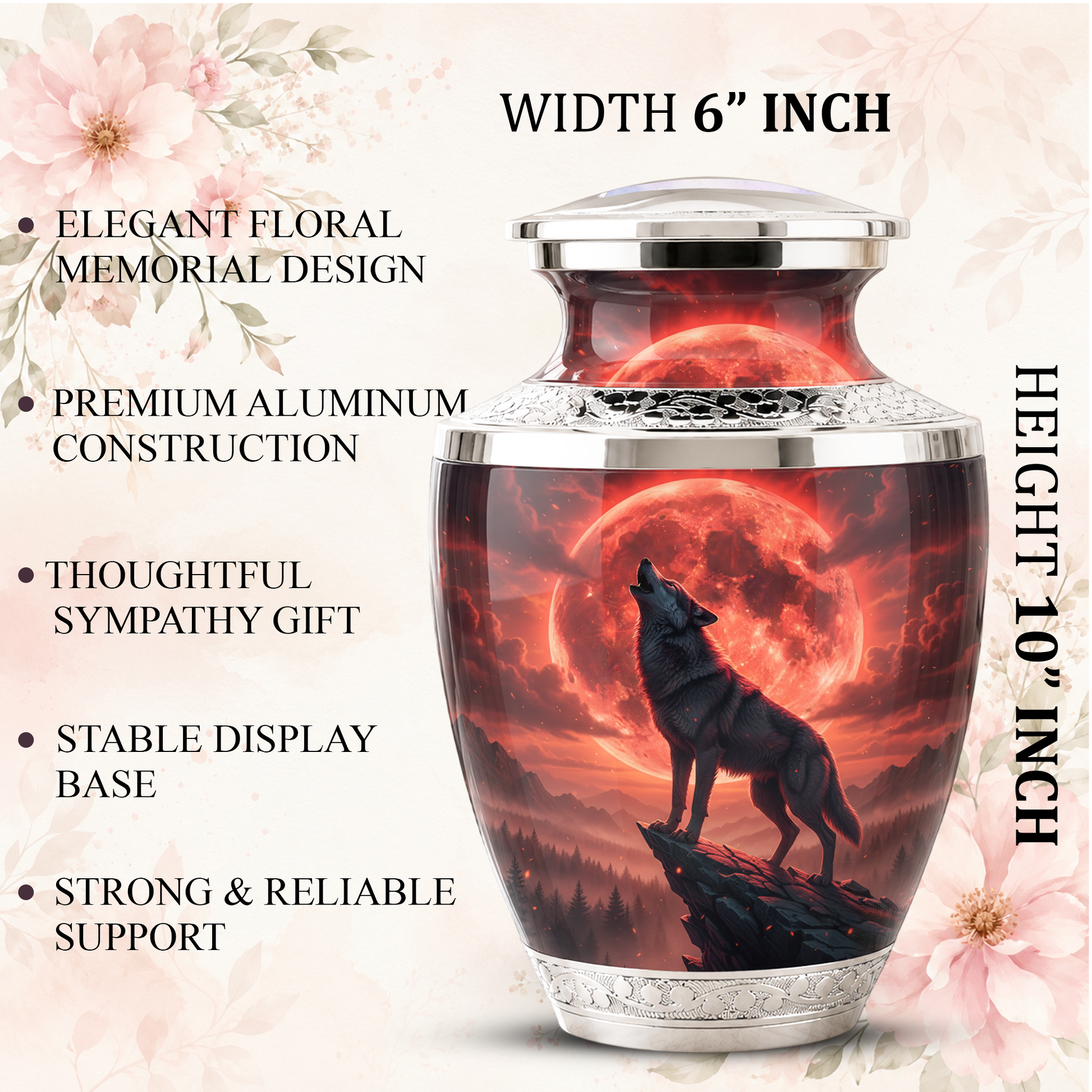 Howling Wolf Cremation Urn for Men, Red Moon Custom Memorial Urn for Father