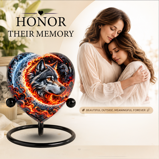 Wolf Cremation Urn for Ashes, Adult Memorial Urn, Personalized Wolf Urn, Heart Shaped Urn for Men