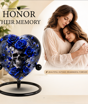Blue Rose Skull Cremation Urn for Ashes, Gothic Memorial Urn, Blue Rose Urn, Skull Heart Urn, Personalized Adult Cremation Urn