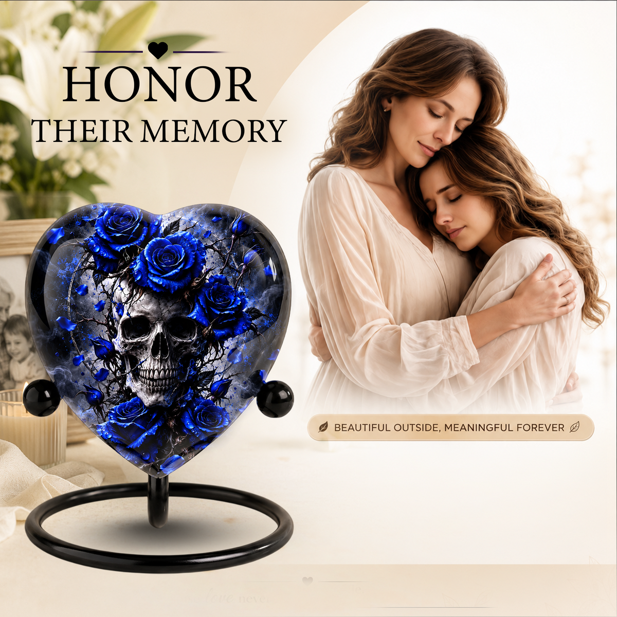 Blue Rose Skull Cremation Urn for Ashes, Gothic Memorial Urn, Blue Rose Urn, Skull Heart Urn, Personalized Adult Cremation Urn
