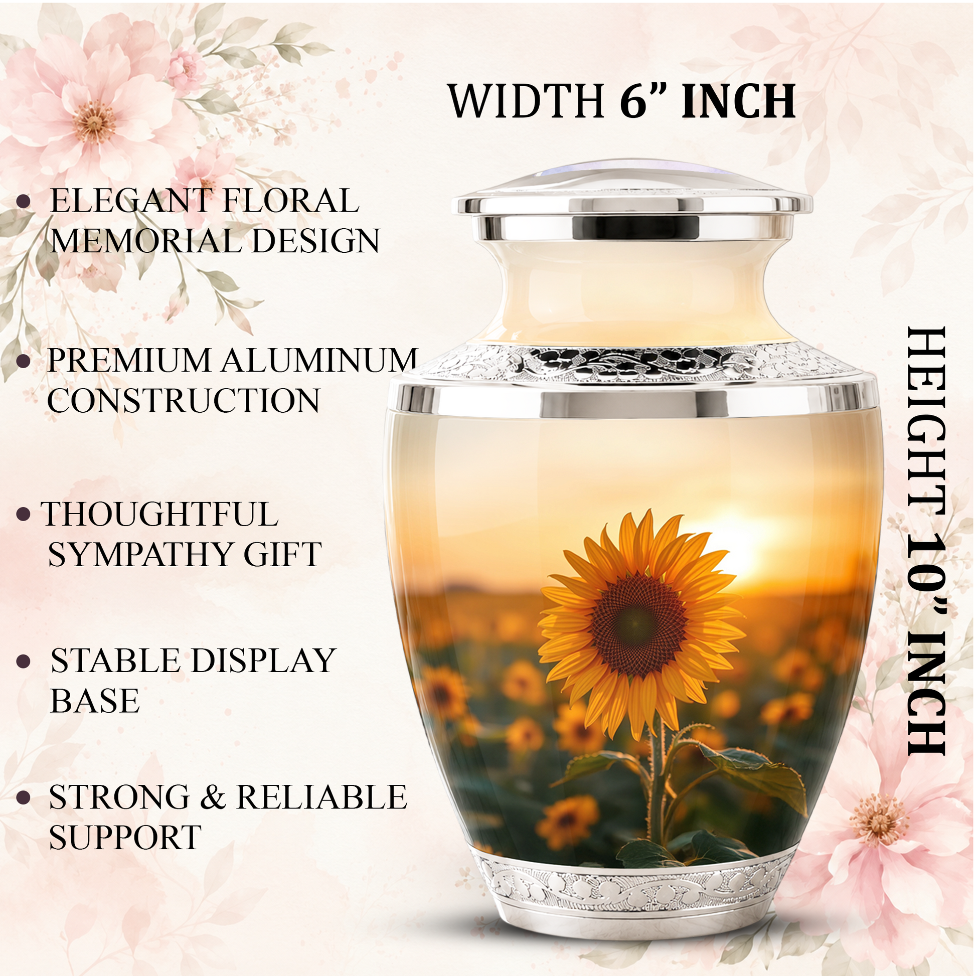 Sunflower Cremation Urn for Male and Female, Custom Memorial Large Urn