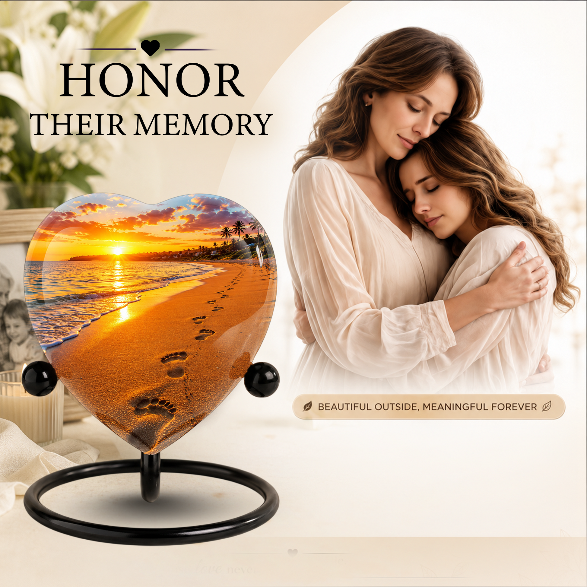 Beach Heart-Shaped Adult Cremation Urn – Beach Urn for Adult Ashes with Sunset Ocean