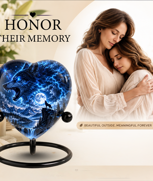 Wolf Adult Urn for Ashes, Blue Lightning Wolf Memorial Urn, Full Moon and Mountain Cremation Urn,