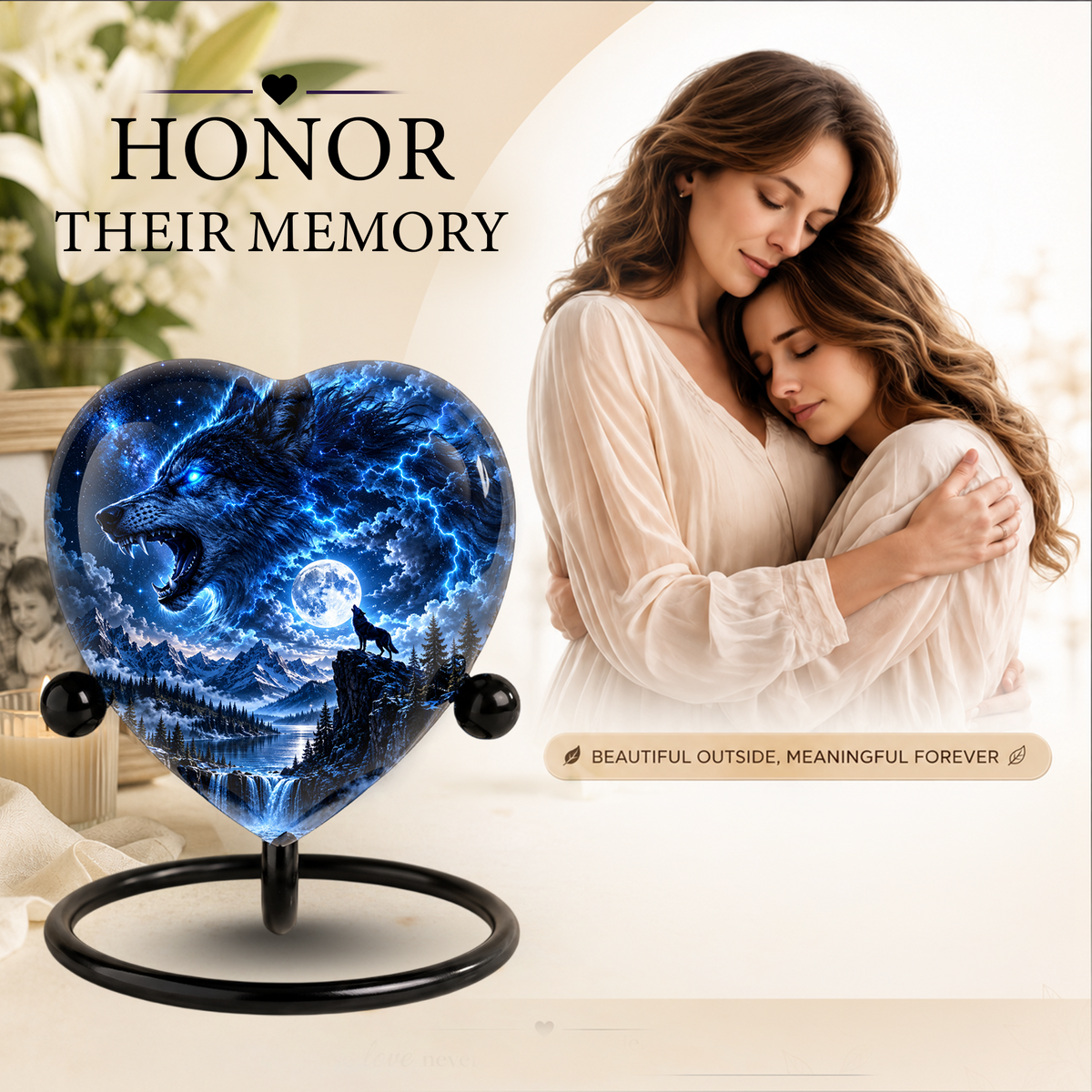 Wolf Adult Urn for Ashes, Blue Lightning Wolf Memorial Urn, Full Moon and Mountain Cremation Urn,