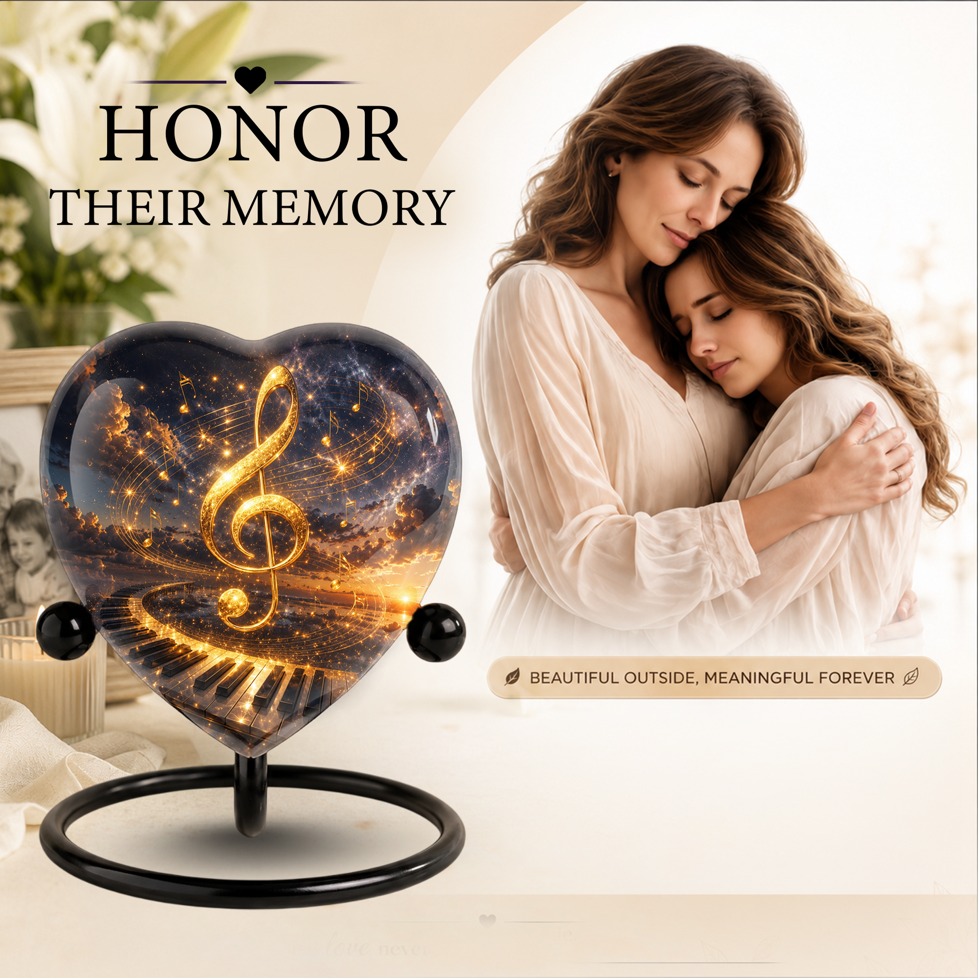 Musical Note Piano Adult Urn – Golden Treble Clef Heart Design Adult Cremation Urn for Ashes