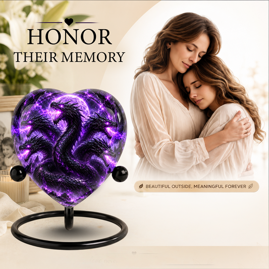 Five Headed Dragon Adult Cremation Urn for Ashes, Purple Dragon Memorial Urn, Fantasy Dragon Urn, Personalized Heart Shaped Adult Urn