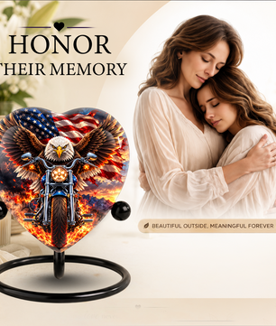 Heart Shaped Eagle Motorcycle Urn for Ashes, American Flag Cremation Urn, Patriotic Biker Memorial Urn for Human Ashes