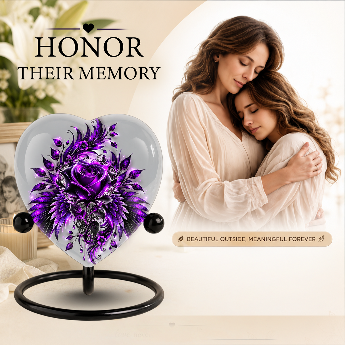 Purple Rose Heart Cremation Urn for Ashes, Floral Memorial Urn, Purple Rose Urn, Personalized Heart Urn, Gothic Flower Cremation Urn
