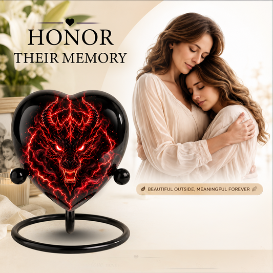 Red Dragon Adult Cremation Urn for Ashes, Black Dragon Memorial Urn, Personalized Heart Shaped Adult Urn, Fantasy Dragon Cremation Urn