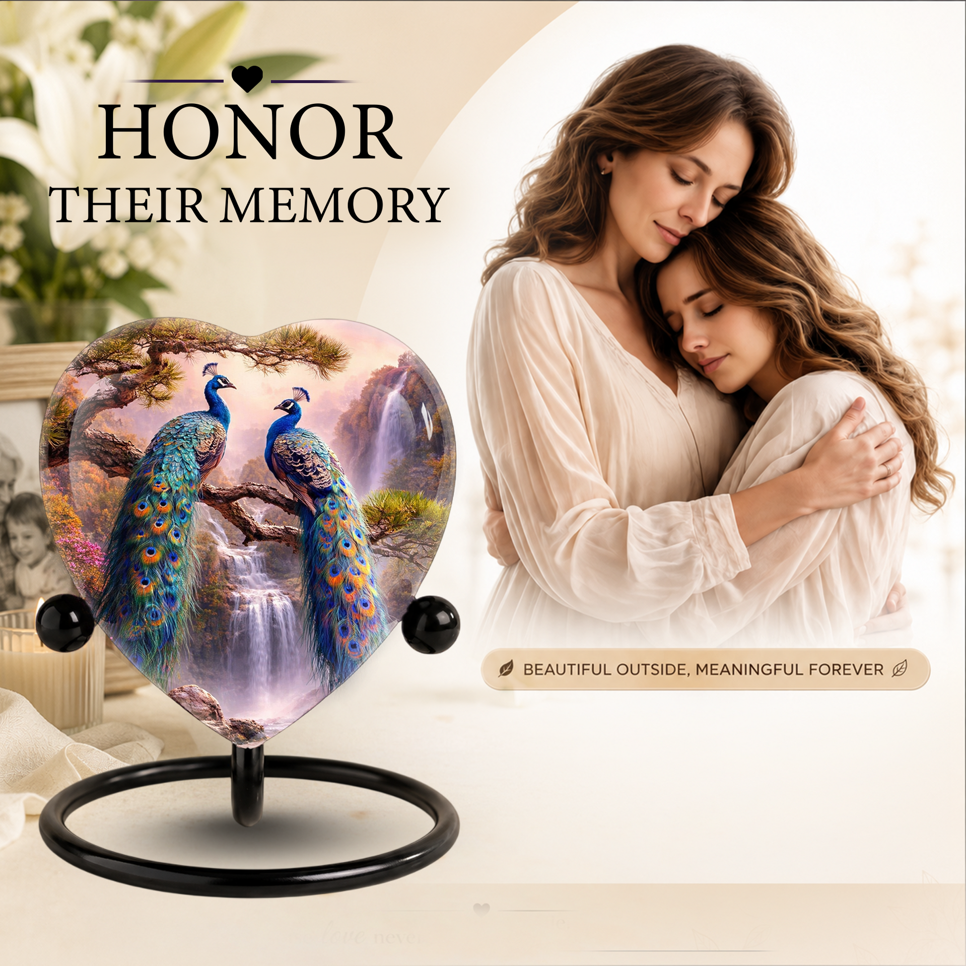 Heart-Shaped Memorial Urn, Peacock Urns for Adult Ashes, Peacock Adult Cremation Urn