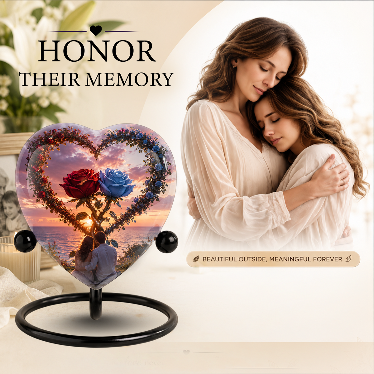 Heart Shaped Adult Cremation Urn for Ashes – Beautiful Rose Memorial Urn for Loved Ones