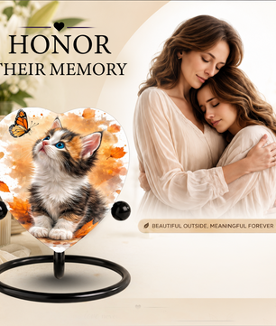Personalized Cat Urn for Ashes – Autumn Kitten Butterfly Memorial Pet Urn