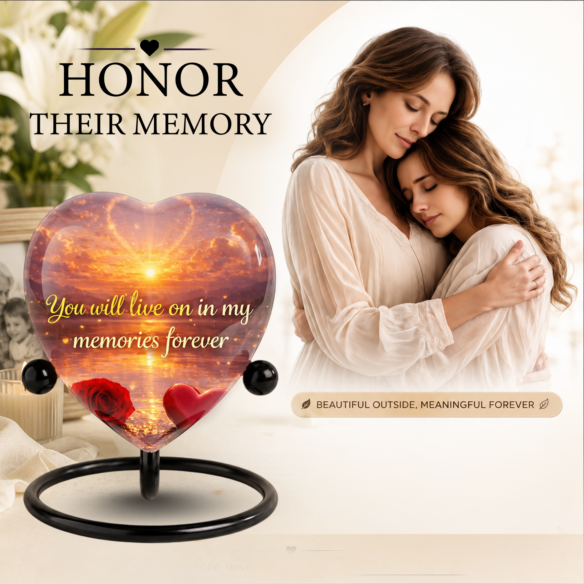 Heart-Shaped Sunset Memorial, Adult Cremation Urn, Adult Urns for Ashes, Romantic Keepsake Memorial