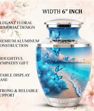 Blue Butterfly Beach Urn for Mom, Ocean Cremation Urn for Women, Butterfly Memorial Keepsake