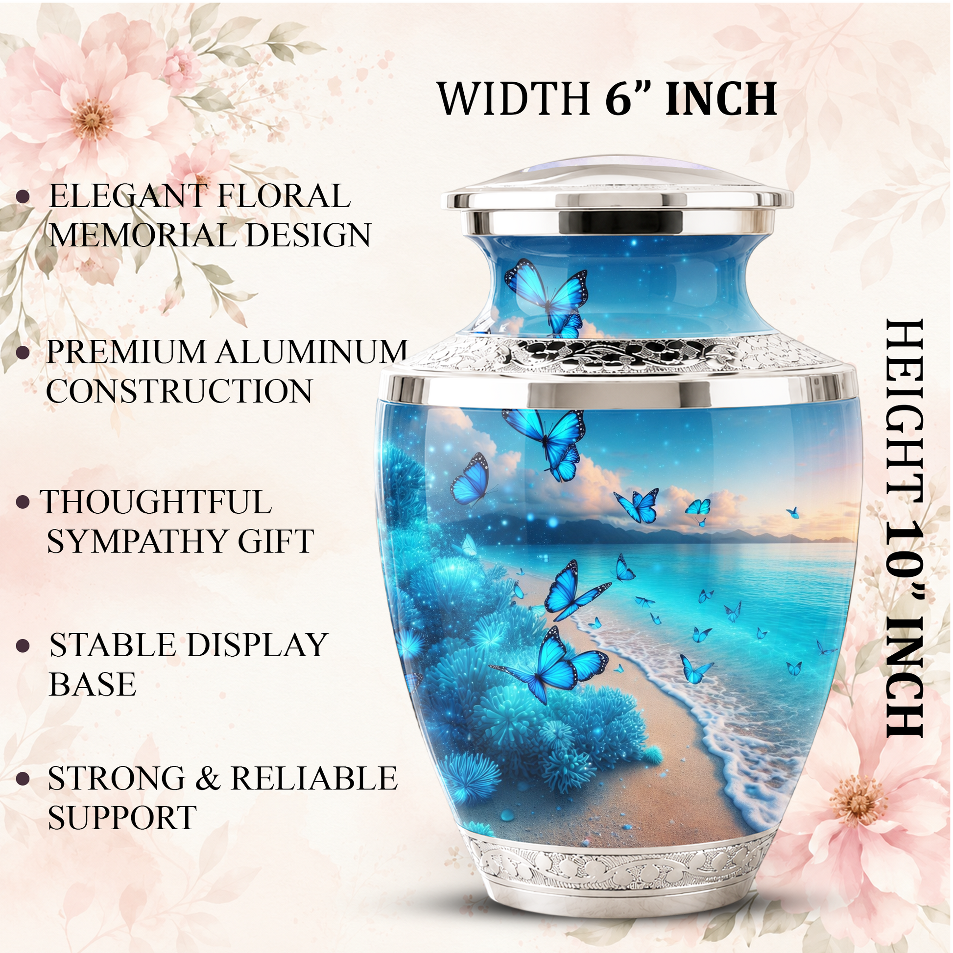 Blue Butterfly Beach Urn for Mom, Ocean Cremation Urn for Women, Butterfly Memorial Keepsake