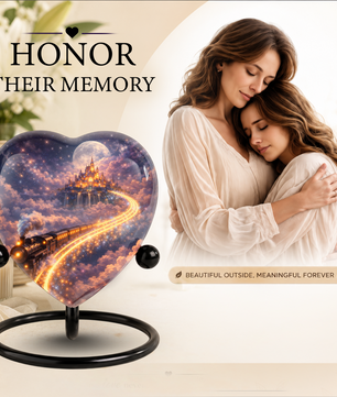 Fantasy Heart Adult Urn for Human Ashes – Enchanted Castle & Train Memorial Adult Cremation Urn