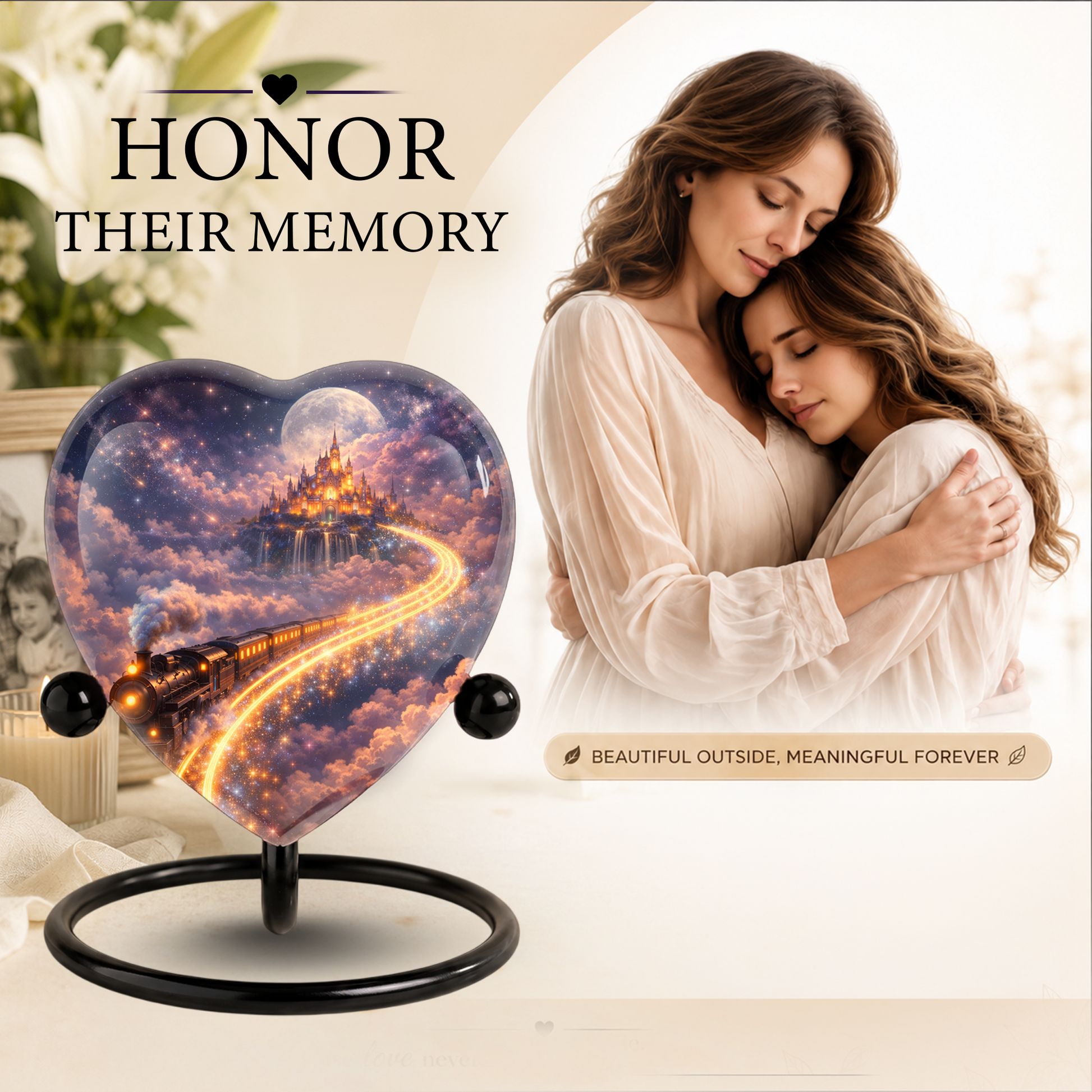 Fantasy Heart Adult Urn for Human Ashes – Enchanted Castle & Train Memorial Adult Cremation Urn