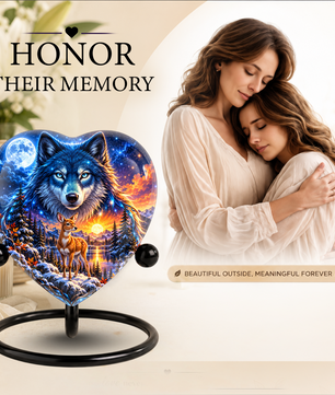 Wolf and Deer Adult Urn for Ashes, Blue Wolf and Fawn Memorial Urn, Celestial Wildlife Cremation Urn