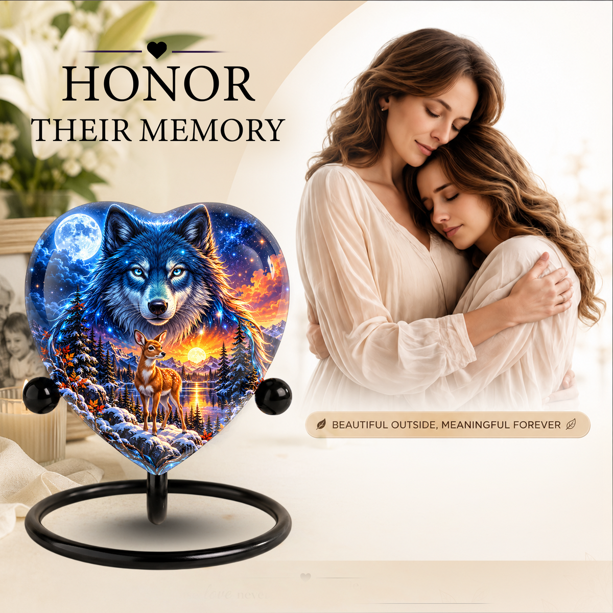 Wolf and Deer Adult Urn for Ashes, Blue Wolf and Fawn Memorial Urn, Celestial Wildlife Cremation Urn