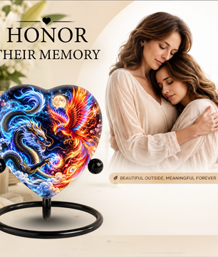 Heart Shaped Dragon and Phoenix Urn for Ashes, Blue Dragon Firebird Cremation Urn, Fantasy Memorial Urn for Human Ashes