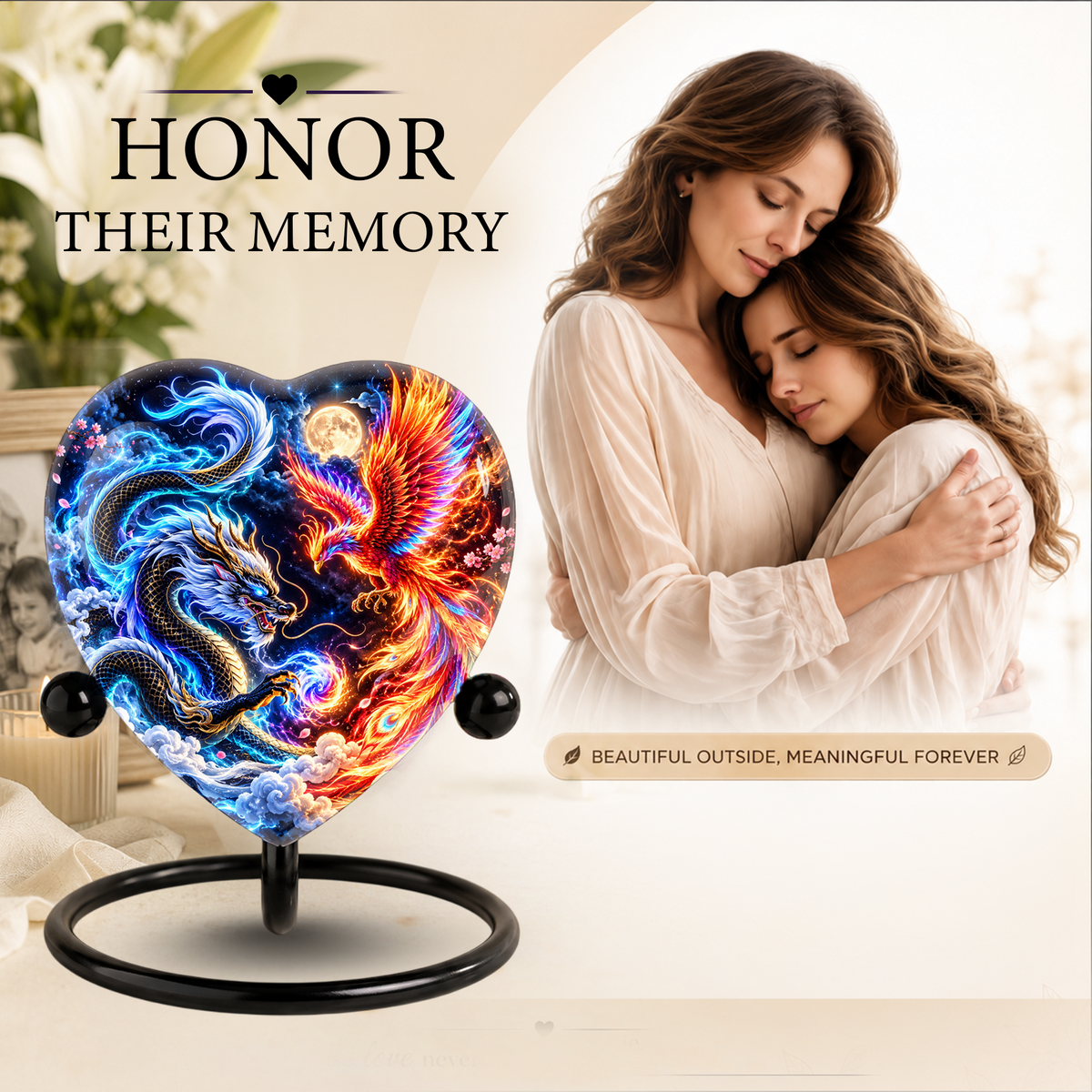 Heart Shaped Dragon and Phoenix Urn for Ashes, Blue Dragon Firebird Cremation Urn, Fantasy Memorial Urn for Human Ashes