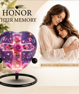 Rose Cross Adult Urn for Ashes, Pink Rose Memorial Adult Cremation Urn, Heart Shaped Urn for Adult Ashes,