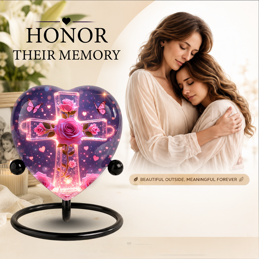 Rose Cross Adult Urn for Ashes, Pink Rose Memorial Adult Cremation Urn, Heart Shaped Urn for Adult Ashes,
