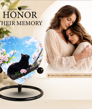 Black Cat Cherry Blossom Heart Memorial Urn – Personalised Cat Urn for Ashes,Cat Memorial Keepsake