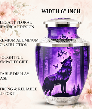 Purple Wolf Cremation Urn for Dad, Wolf Memorial Urn for Men, Wildlife Keepsake Ashes Urn for Father