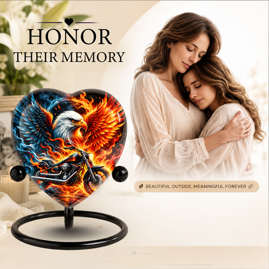 Heart Shaped Eagle Motorcycle Urn for Ashes, Phoenix Fire Cremation Urn, Biker Memorial Urn for Human Ashes