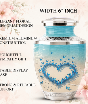 Custom Blue Butterfly Heart Cremation Urn for Mom, Beach Memorial Keepsake Urn