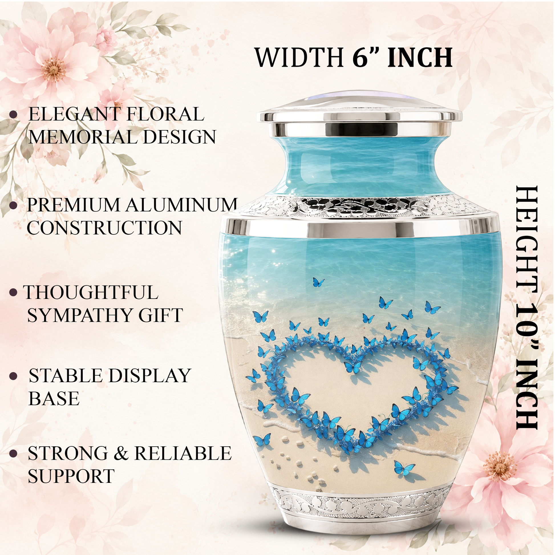 Custom Blue Butterfly Heart Cremation Urn for Mom, Beach Memorial Keepsake Urn