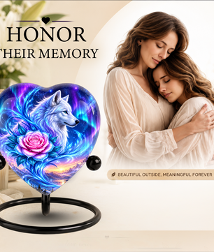 Heart Shaped White Wolf Urn for Ashes, Pink Rose Cremation Urn, Aurora Borealis Wolf Memorial Urn