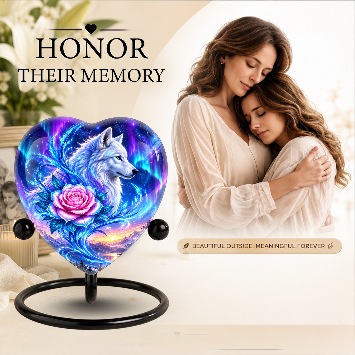 Heart Shaped White Wolf Urn for Ashes, Pink Rose Cremation Urn, Aurora Borealis Wolf Memorial Urn