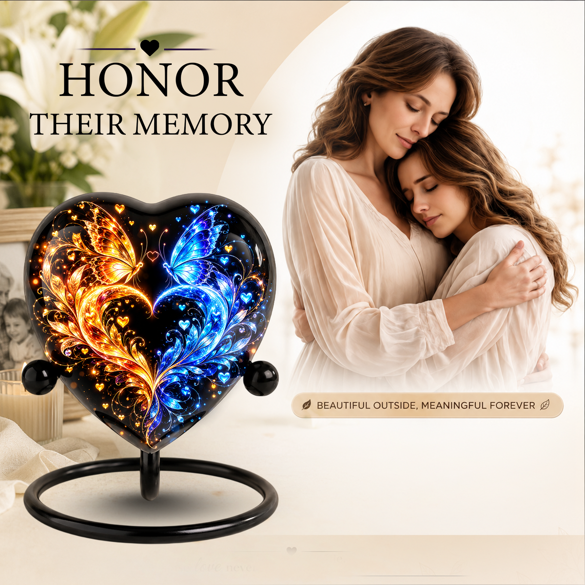 Heart Shaped Butterfly Urn for Ashes, Blue and Gold Butterfly Cremation Urn, Personalized Memorial Urn for Human Ashes