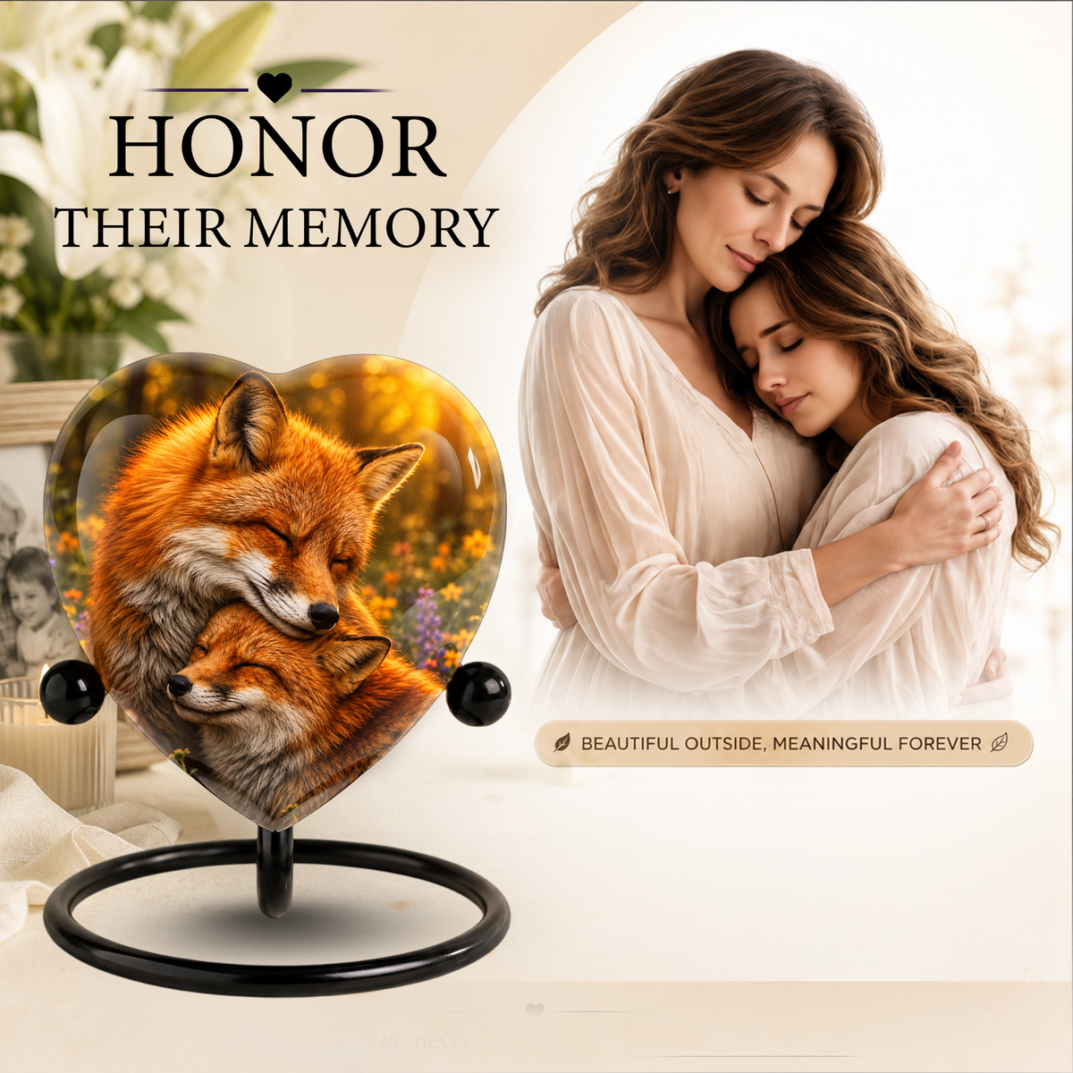 Fox Adult Urn for Ashes, Heart Shaped Adult Cremation Urn, Fox Memorial Urn for Adults
