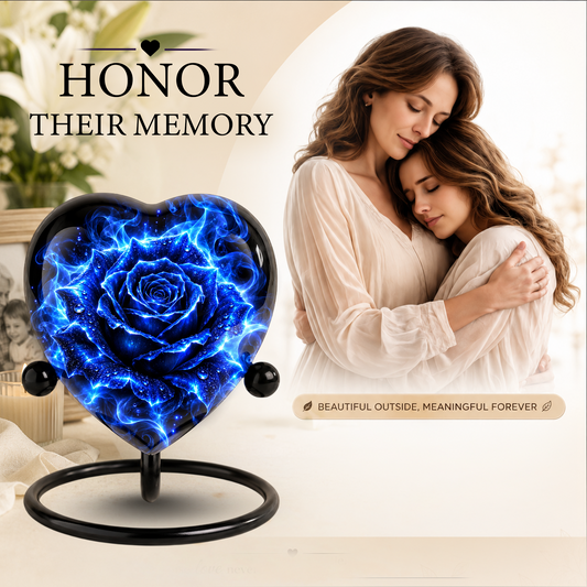 Blue Rose Adult Cremation Urn for Ashes, Personalized Blue Rose Memorial Urn, Heart Shaped Adult Urn, Blue Flower Cremation Urn