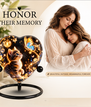 Heart Shaped Cat Urn for Ashes, Kitten and Butterfly Cremation Urn, Personalized Pet Memorial Urn for Human Ashes