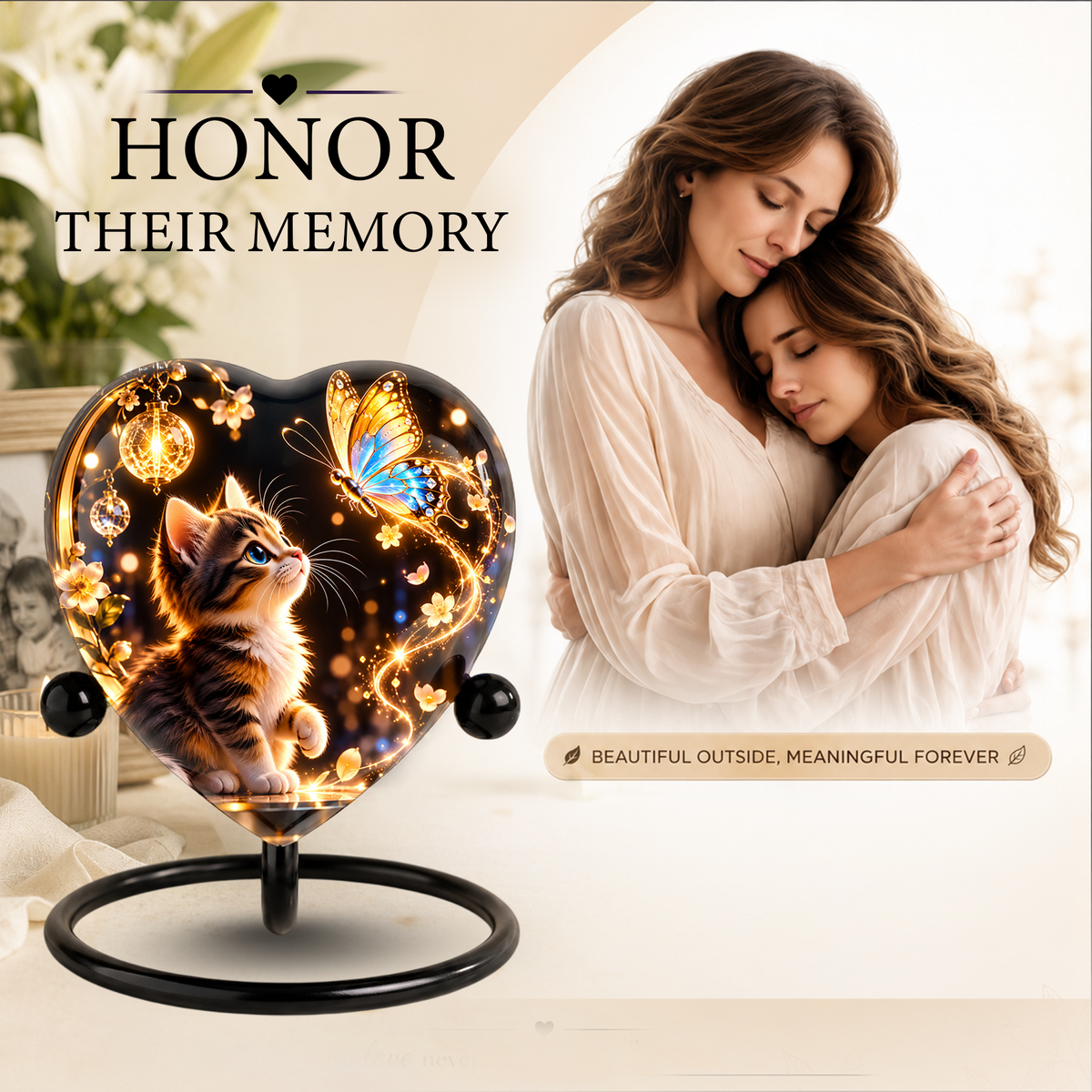Heart Shaped Cat Urn for Ashes, Kitten and Butterfly Cremation Urn, Personalized Pet Memorial Urn for Human Ashes