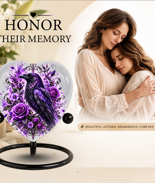 Purple Raven Heart Cremation Urn for Ashes, Crow Memorial Urn, Purple Floral Urn, Raven Urn for Ashes, Personalized Heart Cremation Urn