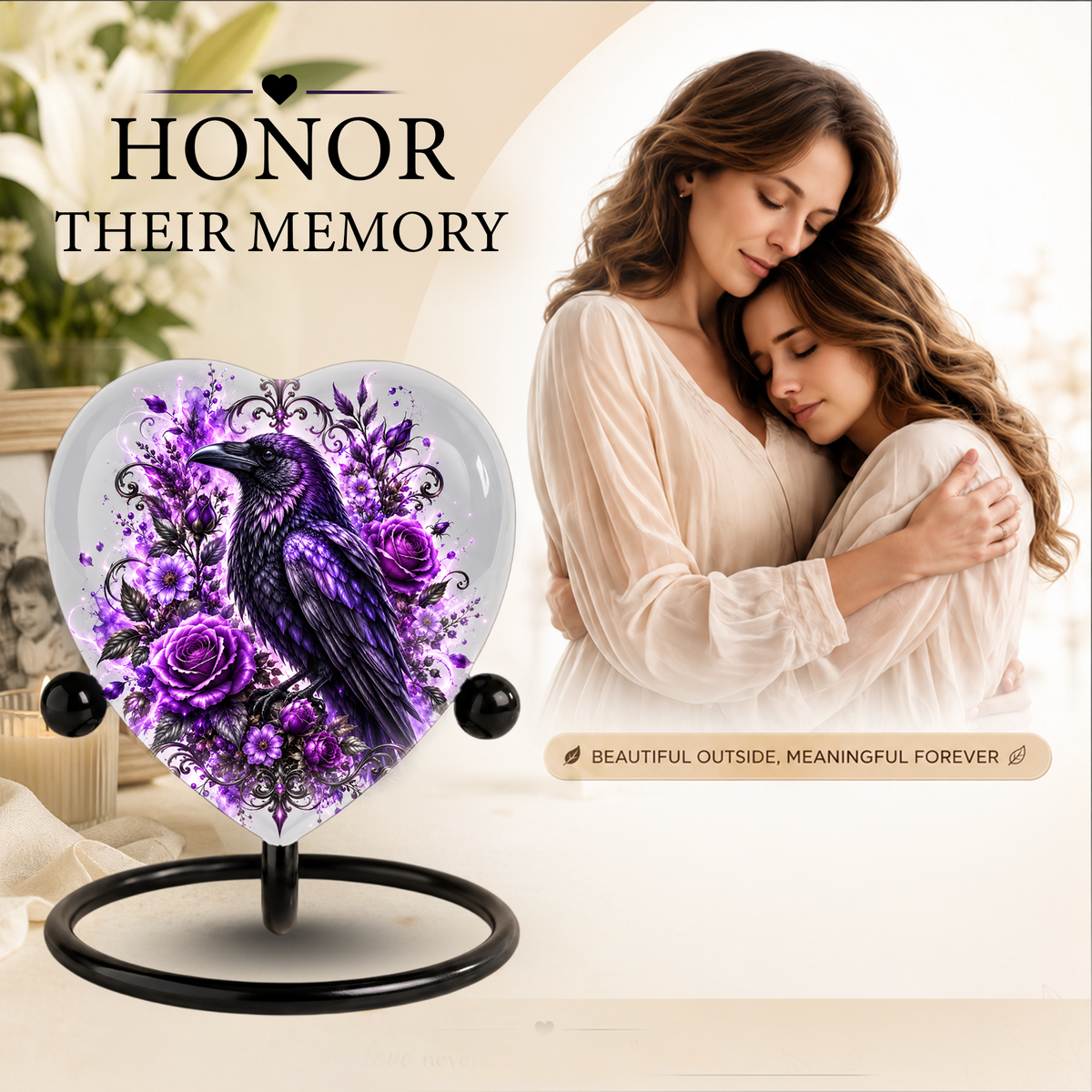 Purple Raven Heart Cremation Urn for Ashes, Crow Memorial Urn, Purple Floral Urn, Raven Urn for Ashes, Personalized Heart Cremation Urn